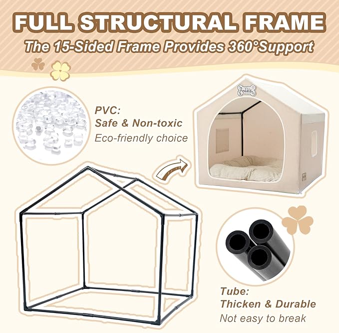 Jiupety Indoor Dog House with Frame, Cute Dog Tent Bed with Cover Cave, Breathable, Washable, and Foldable House, Suitable for 20-40 Lb, Large (25"×25"×25"), Beige