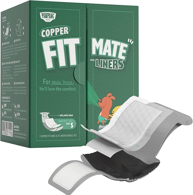 PAWPANG Copper Fit Mate Washable Male Dog Belly Band Kit – 1 Reusable Male Wrap with 15 Dog Diaper Liners, Ideal for Senior Dogs, Incontinence, and Marking, S