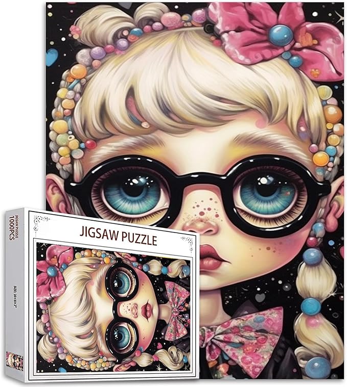 Candy Freckle Girl Jigsaw Puzzle Glasses Doll 1000 Piece Jigsaw Puzzles for Adults Home Decor Family Puzzle Perfect for Game Nights Ideal Gift 20 x 27 Inch