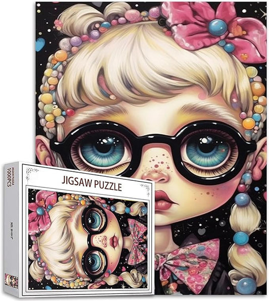 Candy Freckle Girl Jigsaw Puzzle Glasses Doll 1000 Piece Jigsaw Puzzles for Adults Home Decor Family Puzzle Perfect for Game Nights Ideal Gift 20 x 27 Inch