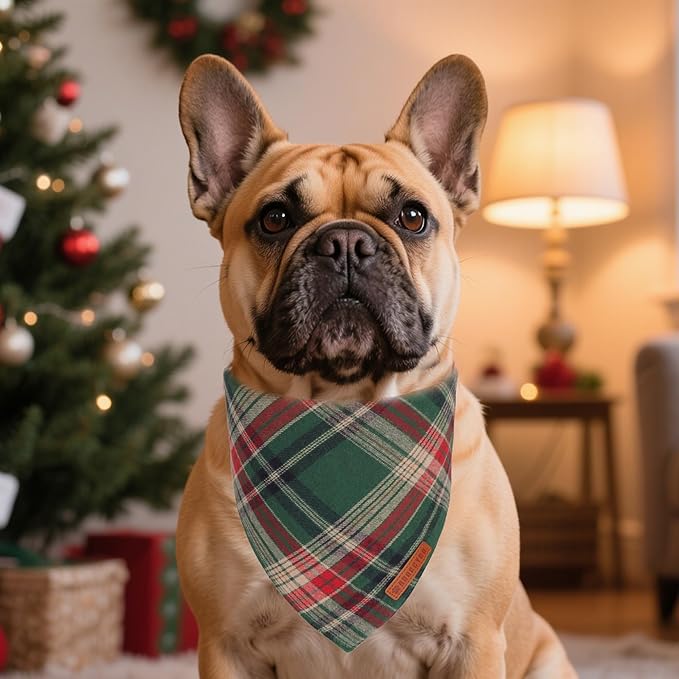 ADOGGYGO Christmas Dog Bandanas 2 Pack, Premium Cotton Fabric, Red Green Plaid Xmas Pet Scarf, Christmas Bandanas for Medium Large Dogs (Large)