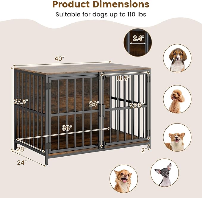 PETSITE 40 Inch Modern Dog Crate Furniture, Heavy Duty Wooden Dog Kennel with Double Lockable Doors, Decorative Dog Cage End Side Table for Small and Medium Sized Dogs (Rustic Brown)