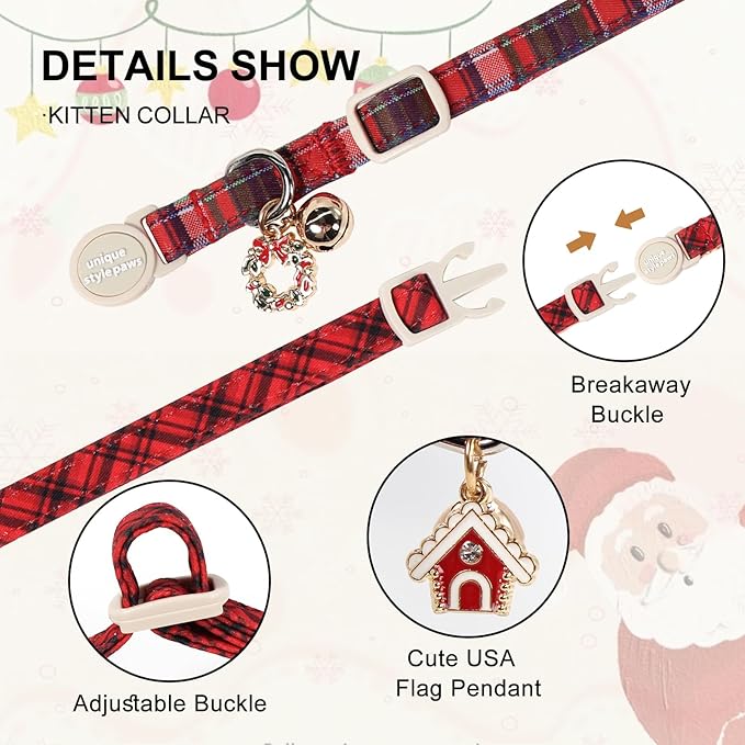 Unique Style Paws Kitten Collars,Cute Cats Collar with Bell,Kitten Collar Breakaway Buckle with Red Green Pattern,Adjustable Cat Collars,Ideal Gift for Boy Girl Cats