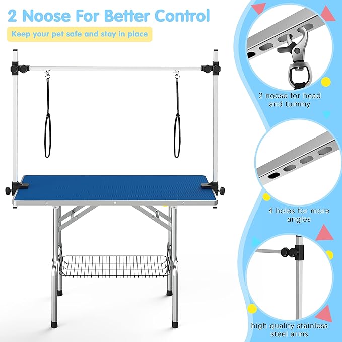 Lyromix 46''Large Dog Grooming Table, Adjustable Cat Drying Desktop with Arms, Nooses, Mesh Tray, Foldable Pet Station at Home, Maximum Capacity Up to 330Lb, 46inch, Blue