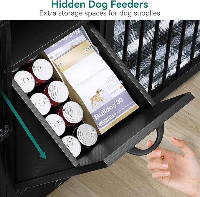 YITAHOME Dog Crate Furniture with Feeder Bowls, 55" Large Breed Dog Kennel with Storage Drawer, Heavy Duty Dog House TV Stand Indoor for Medium Dogs, Black