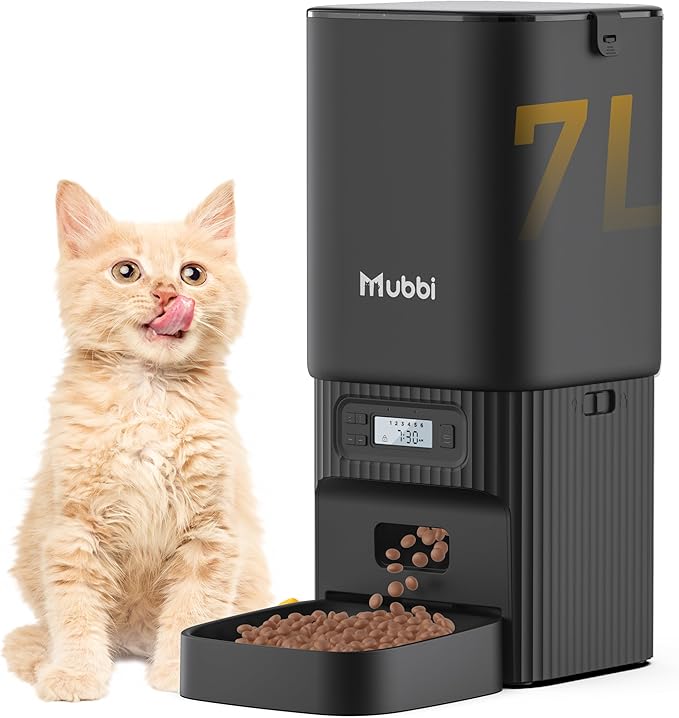 Automatic Cat Feeder, 7L/29 Cups Automatic Dog Feeder with Desiccant Bag, 1-6 Meals Ideal for 2-15mm Dry Food, Suitble for Multiple Pets, Dual Power Supply, Detachable Washable, Black