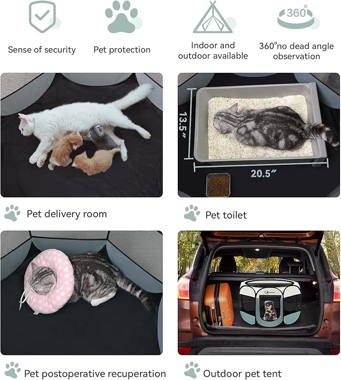 Dog Playpen with Washable Pee Pad, Puppy Pet Cat Playpen Small Dogs Tent Crate Indoor/Outdoor, Portable Pop Up Kennel with Carrying Case for Cats/Rabbits(Grey,Small with pad)