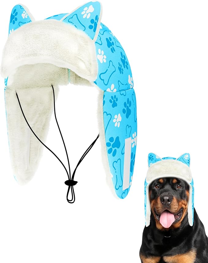 PET SHOW Dog Trapper Hat Winter Hat for Medium Large Dogs Warm Fleece Aviator Hats with Ear Flaps Adjustable Outdoor Boy Pet Pilot Costume Cap L-Blue Paw/Without Ear Holes