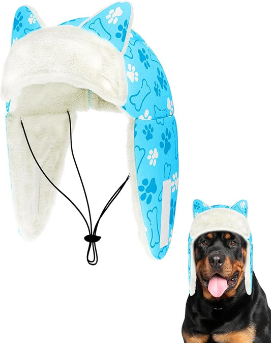 PET SHOW Dog Trapper Hat Winter Hat for Medium Large Dogs Warm Fleece Aviator Hats with Ear Flaps Adjustable Outdoor Boy Pet Pilot Costume Cap L-Blue Paw/Without Ear Holes