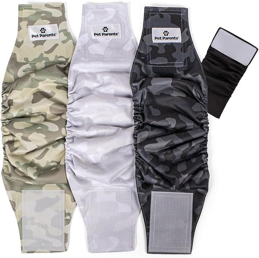 Pet Parents® Washable Belly Bands for Male Dogs (3pack) + Extendrs® of Durable Dog Diapers Male, Premium Male Dog Diapers & Dog Wraps (Medium, Camo)