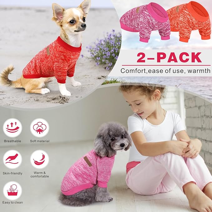 2 Pieces Pet Dog Classic Knitwear Sweater, Fleece Coat for Small,Medium Dogs,Warm Pet Dog Cat Clothes,Soft Puppy Customes for Chihuahua Yorkshire Tzu (Rose Red Orange,XL)