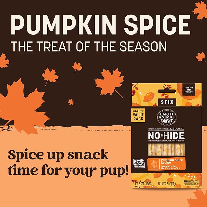 Earth Animal No Hide Stix - Long Lasting Rawhide Free Small Dog Chews Sticks, Pumpkin Spice - 20 Count Value Pack