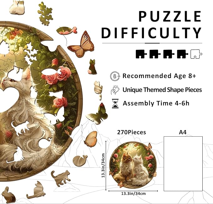 Wooden Puzzle - Couple Cat Wood Puzzles Adult - Unique Animal Shape Wood Jigsaw Puzzles - Birthday Gifts for Cat Puzzle Lovers, Family (13.3 * 13.3in-300 Pieces)