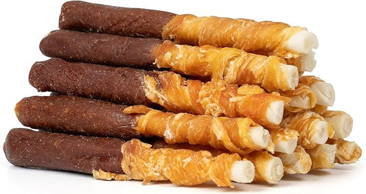 MON2SUN Dog Treats 5 Inch Double Flavor Chicken & Chicken Liver Wrapped Rawhide Sticks, Teeth Cleaning for Small Dogs, 10.6 oz (15 Count)