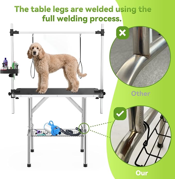 36" Large Dog Grooming Table, Non-Slip Tabletop with Adjustable Armrests, Lasso, Tool Organizer, Grid Tray, Foldable Home Pet Station, Maximum Weight Capacity 330 lbs,Blue