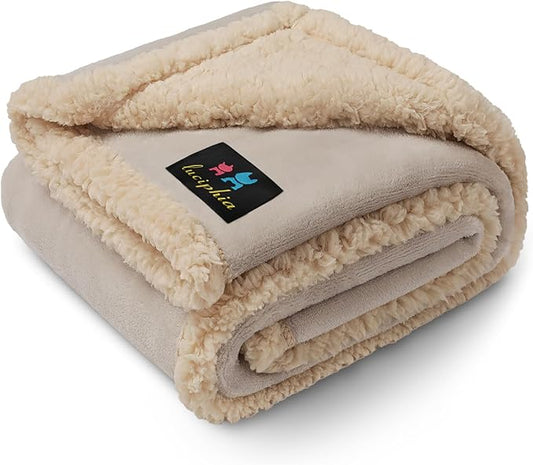 Waterproof Pet Blanket, Liquid Pee Proof Dog Blanket for Sofa Bed Couch, Reversible Sherpa Fleece Furniture Protector Cover for Small Medium Large Dogs Cats, Grey Beige X-Large（85" x 57"）