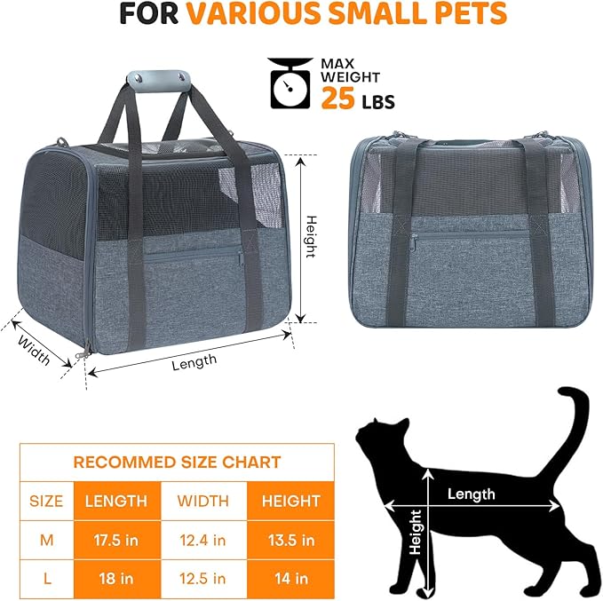 JUNGYOUN Premium Cat Carrier - Pet Carrier for Cat & Small Dogs up to 15lbs - Airline Approved Travel Dog Carrier with Anti-Escape Zippers, Collapsible Travel Bowl & Padded Strap