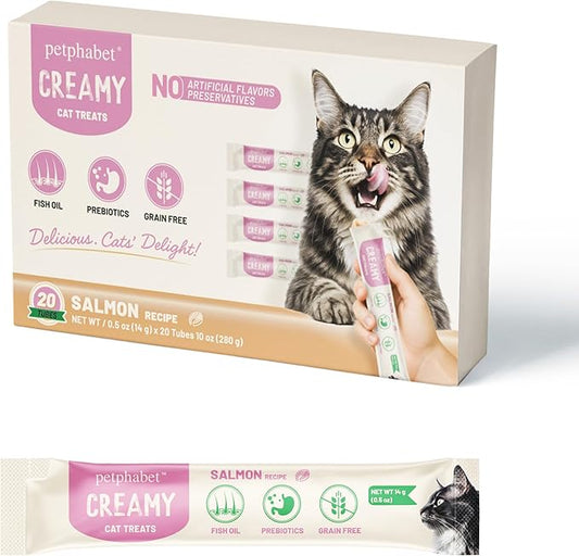 PETPHABET Lickable Cat Treats, Creamy Puree Wet Kitten Treats Salmon Recipe, Squeezable Paste Cat Snacks, Grain-Free Kitty Treat, High Protein Squeeze Up Tubes for Cats (0.5 oz x 20 Counts)