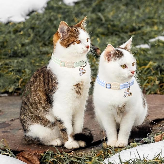 ARING PET 2 Pack Cat Collar-Cute Cotton Cat Collar Breakaway with Bell & Pendant, Adjustable Blue Green Striped Kitten Collars with Safety Buckle for Girl and Boy Pets
