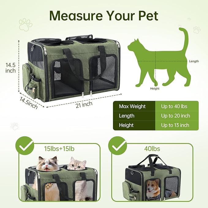 Cat Carrier for 2 Cats - Double Pet Carrier Extra Large, Dual Cabin Multi Cat Travel Carrier with Removable Divider, Collapsible, Can Hold 20 30 40 lbs for Two Small Kitten, Medium Dog Green