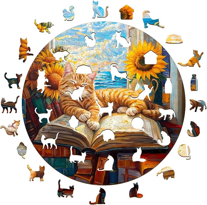 KAAYEE Wooden Puzzles for Adults, Lazy Orange Cat 300 Piece Unique Animal Shape Puzzle, Cat Wood Puzzle for Adults, Creative Gifts for Friends/Family, Home Decor(13.4 * 13.4in)
