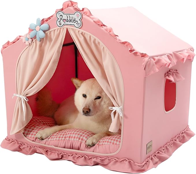 Jiupety Indoor Dog House with Frame, Cute Dog Tent Bed with Cover Cave, Breathable, Washable, and Foldable House, Suitable for 20-40 Lb, Large (25"×25"×25"), Pink