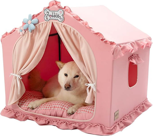 Jiupety Indoor Dog House with Frame, Cute Dog Tent Bed with Cover Cave, Breathable, Washable, and Foldable House, Suitable for 20-40 Lb, Large (25"×25"×25"), Pink