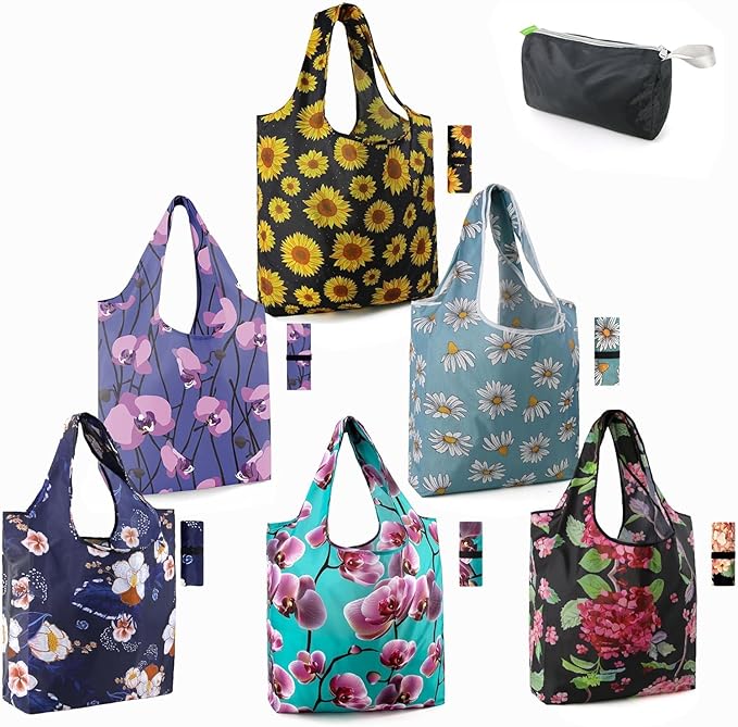 BeeGreen Floral Reusable Grocery Bags Bulk 6 Packs X-Large50LBS, Reusable Shopping Bags Foldable for Groceries, Vegetables, Fruits Bulk Tote Bags Washable For Women Men