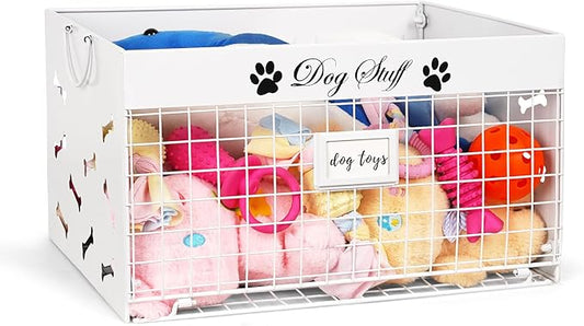 Dog Toy Basket - Large Dog Toy Box with Handles and Label Position Design for Living Room, Metal Dog Toy Bin Storage for Dogs Chew Pets Toys, Blankets, Clothes, Food (White)