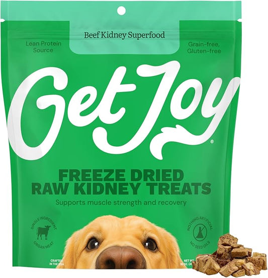 Get Joy Freeze Dried 100% Beef Kidney Dog Treats, 16oz | Single Ingredient Organ Meat, High Protein Raw Dog Food Topper, Snack & Training Rewards | Grain Free, Gluten Free, Filler Free