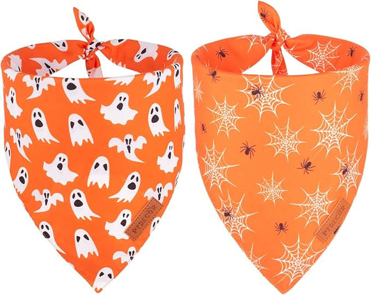 PTDECOR Halloween Dog Bandana, Reversible Holiday Pet Puppy Scarf, Multi Size, Triangle Halloween Bandanas for Medium Large Dogs Pets (Orange, Large)