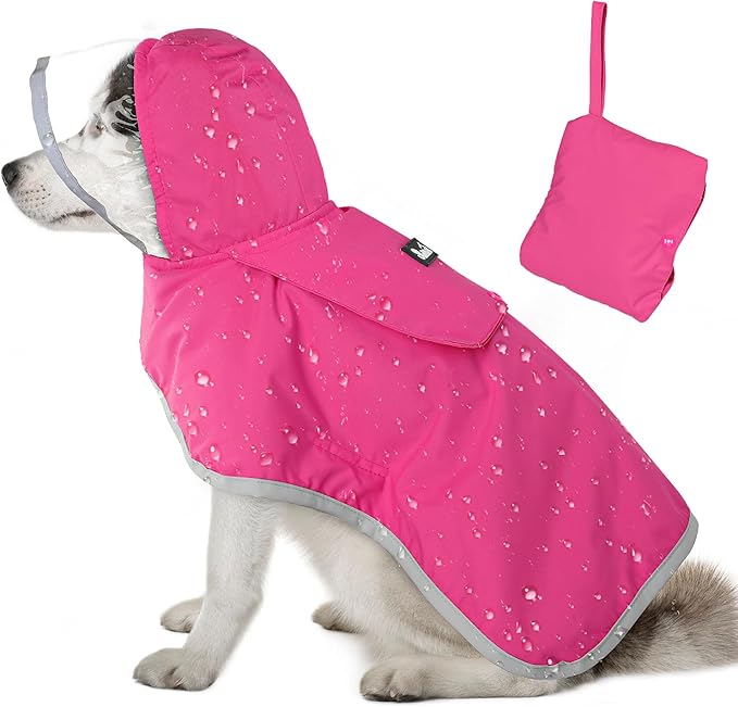 Lukovee Dog Raincoat, Adjustable Dog Rain Jacket with Clear Hooded Double Layer for Large Medium Small Dogs Puppies, Waterproof Rain Coat Poncho with Reflective Storage Pocket & Rim (Fuchsia, S)