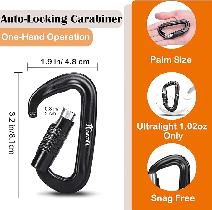 Heavy Duty Locking Carabiner Clips - Favofit 12KN (2697 lbs) Clips 3.2'' Small D Ring for Camping Hammock Hiking Dog Leashes Keychains - Perfect for Outdoor Enthusiasts