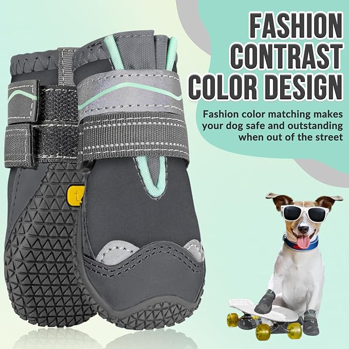 SlowTon Dog Shoes for Large Small Medium Dogs - Waterproof Dog Boots for Summer Hot Pavement, Paw Protector for Outdoor Walking Winter Snow, Anti-Slip Rubber Dog Booties for Hardwood Floor (Grey, 1)
