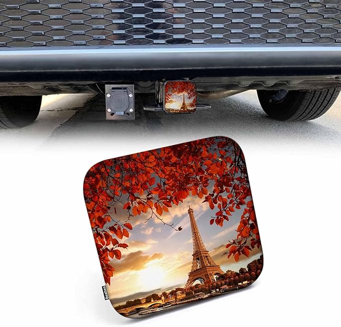 2" Receiver Hitch Cover Eiffel Tower, Paris Autumn Maple Leaves Eiffel Tower Sturdy Rubber Hitch Covers Towing Receiver Hitch Plug Cover Truck Trailer Hitch Accessories for Men Women, Fall Red