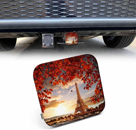2" Receiver Hitch Cover Eiffel Tower, Paris Autumn Maple Leaves Eiffel Tower Sturdy Rubber Hitch Covers Towing Receiver Hitch Plug Cover Truck Trailer Hitch Accessories for Men Women, Fall Red