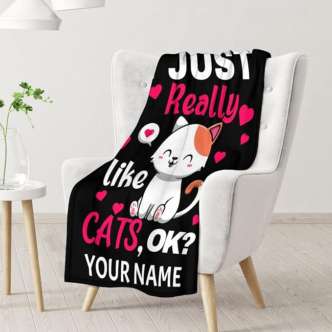 Personalized Cat Blanket Gifts with Name - 30"x40" Cute Throw Blanket for Adults Kids - Pink Soft Plush Throws for Bed, Couch & Travel