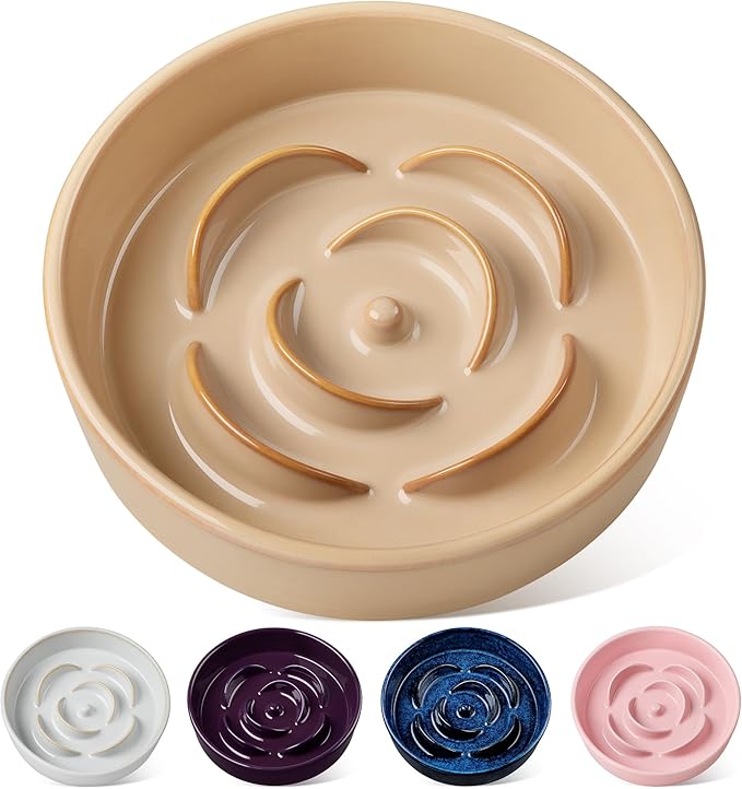 vancasso Slow Feeder Dog Bowl, 3 Cups Ceramic Slow Feeder for Large Breed, Puzzle Maze Dog Food Bowl for Fast Eater, Khaki