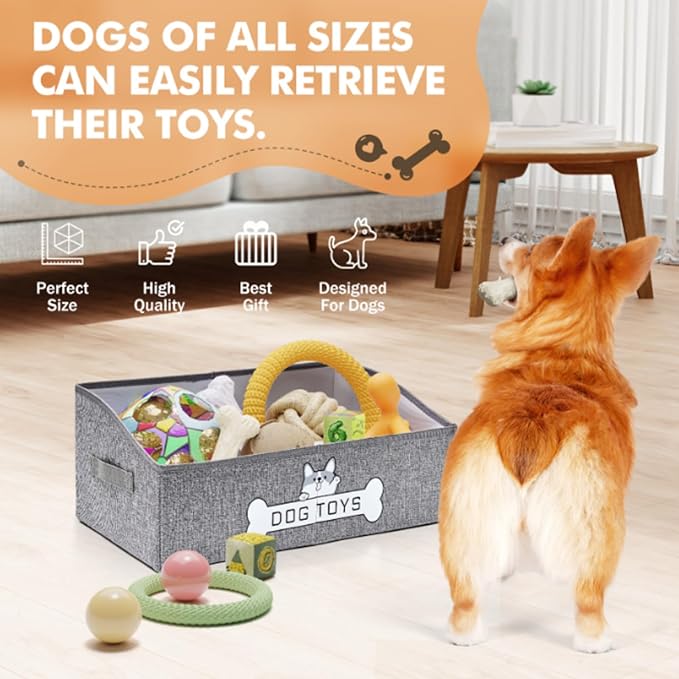Dog Toy Basket, Specially Designed for Dog Toy Storage, Collapsible Dog Toy Box with Handle，Perfect for Storing Pet Toys and Accessories - Grey