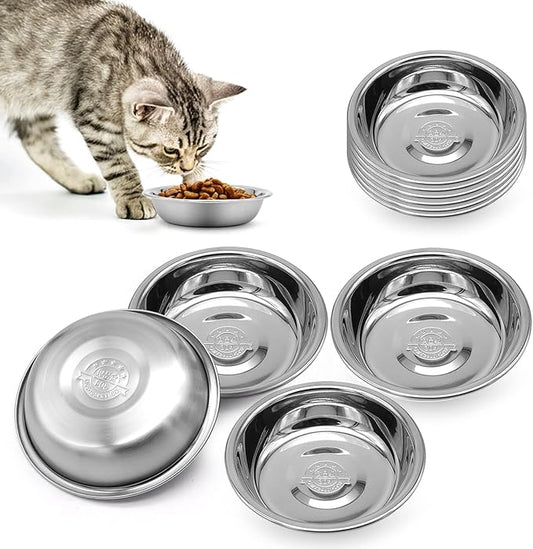 Stainless Steel Cat Bowl - Shallow Wide Flat Cats Food Bowls,Metal Kitten Dishes Whisker Friendly Fatigue Relief,Replacement Basic Kitty Plates for Elevated Stand,Dishwasher Safe（Set of 12）