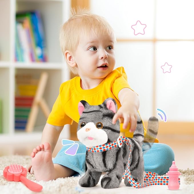 Plush Cat Toys for Kids with Leash, Interactive Plush Kitty Can Walk,Meow, and Wag Tail, Realistic Toys Pet Christmas Birthday Gifts for Boys and Girls