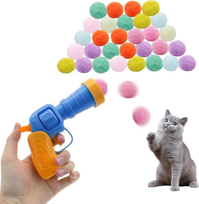 Andiker Cat Toy Ball Set, 30pcs Plush Cat Pom Pom Balls & 1 Plastic Cats Fetch Toy Launcher Set for Kitten Catch Fetch Interactive Cat Toy with Colorful Cat Ball for Indoor Cats (30 Balls+1 Launcher)