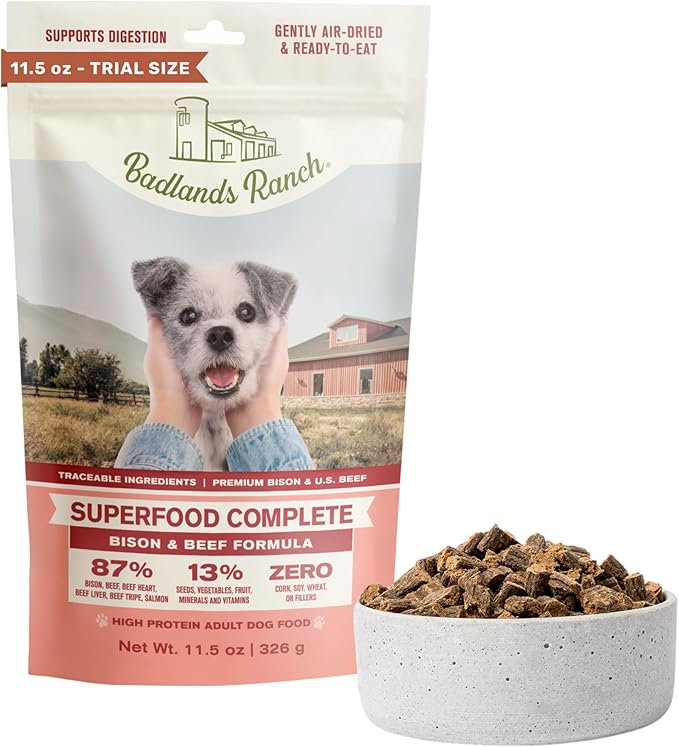 BADLANDS RANCH - Superfood Complete, Air-Dried Adult Dog Food - High Protein, Zero Fillers, Superfood Nutrition by Katherine Heigl (11.5 oz, Beef & Bison Formula)