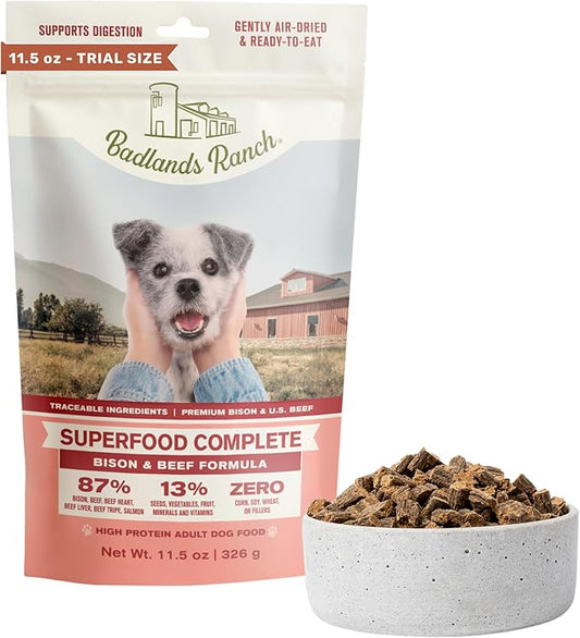 BADLANDS RANCH - Superfood Complete, Air-Dried Adult Dog Food - High Protein, Zero Fillers, Superfood Nutrition by Katherine Heigl (11.5 oz, Beef & Bison Formula)