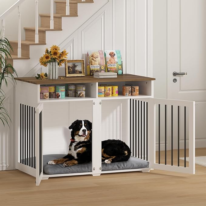 Furniture Dog Crate for Two Dogs, 41 Inch Furniture Style Dog Kennel with Removable Divider and Thickened Desktop, Heavy-Duty Base for Small to Medium Dogs, White