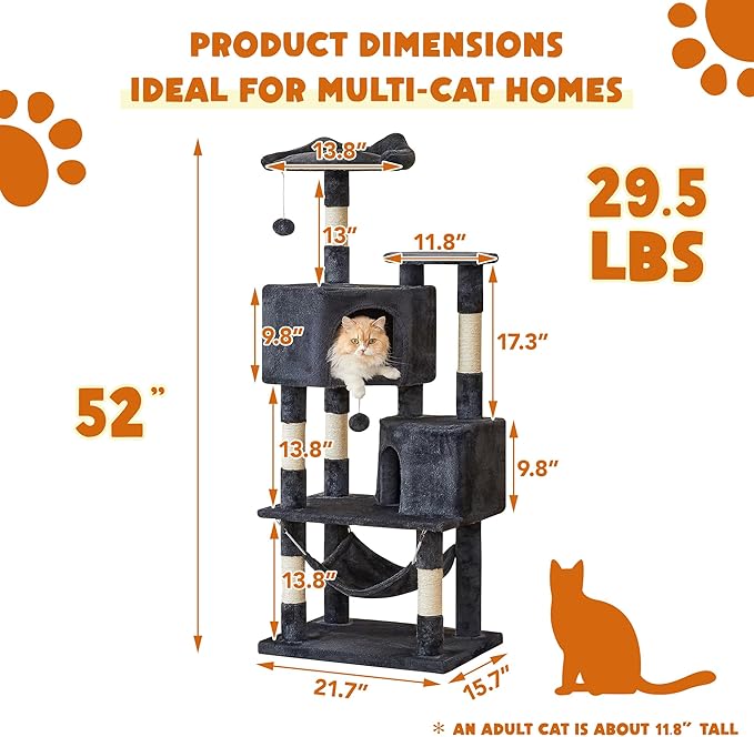 Cat Tree for Indoor Cats - Tall Multi-Level Cat Tower with Condos, Sisal Scratching Posts and Hammock, Top Perch with Dangling Toys for Large Cats and Kittens, Smoky Grey
