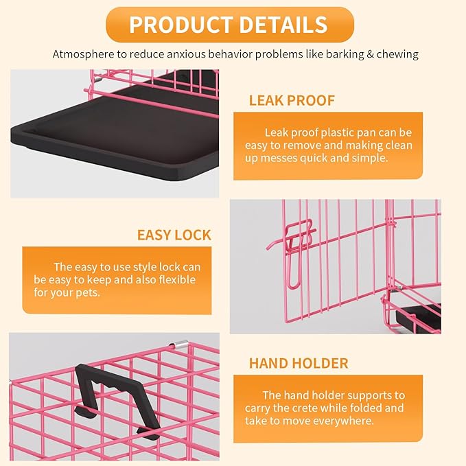 PayLessHere 18 Inch Dog Crate Kennel for Small Dogs Metal Cage Single-Door Folding Travel Indoor Outdoor Puppy Playpen with Divider and Handle Plastic Tray,Pink