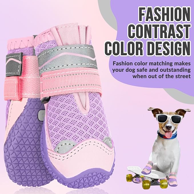 SlowTon Dog Shoes for Large Small Medium Dogs - Breathable Dog Boots for Summer Hot Pavement, Paw Protector for Outdoor Walking Winter Snow, Anti-Slip Rubber Dog Booties for Hardwood Floor (Pink, 7)