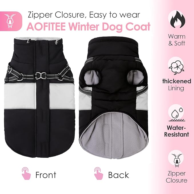AOFITEE Small Dog Coat, Dog Winter Coat with Harness Built in, Warm Dogs Jacket with Zipper & Polar Fleece Collar, Waterproof Pet Snow Jacket Snowsuit for Schnauzer, Chihuahua Yorkshire, S