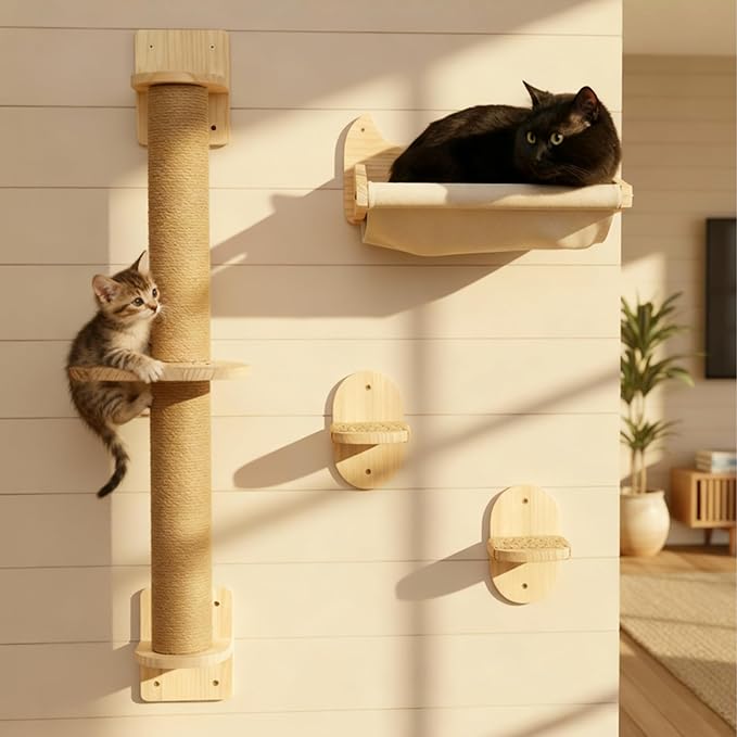 Space Saving Cat Wall Shelves, Window and Wall Mount 4-in-1 Cat Tree – Hammock, Cat Scratching Post, Two Steps with Grips – Natural Pine, Jute Rope – Beige